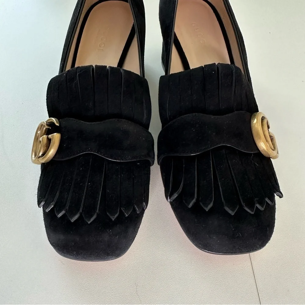 Gucci GG Marmont Pumps Black Suede Kid Scamosciato Block Heel Logo Loafers 36.5 - Picture 4 of 9